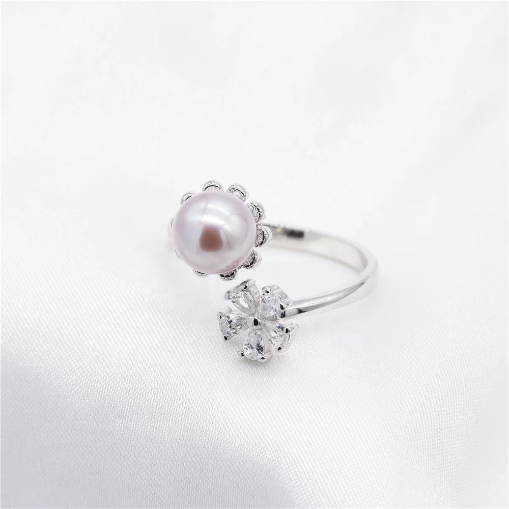 R232  DIY 7-8mm Natural Freshwater pearl Ring accessory 925 sterling silver Adjustable size engagement jewelry ring for women