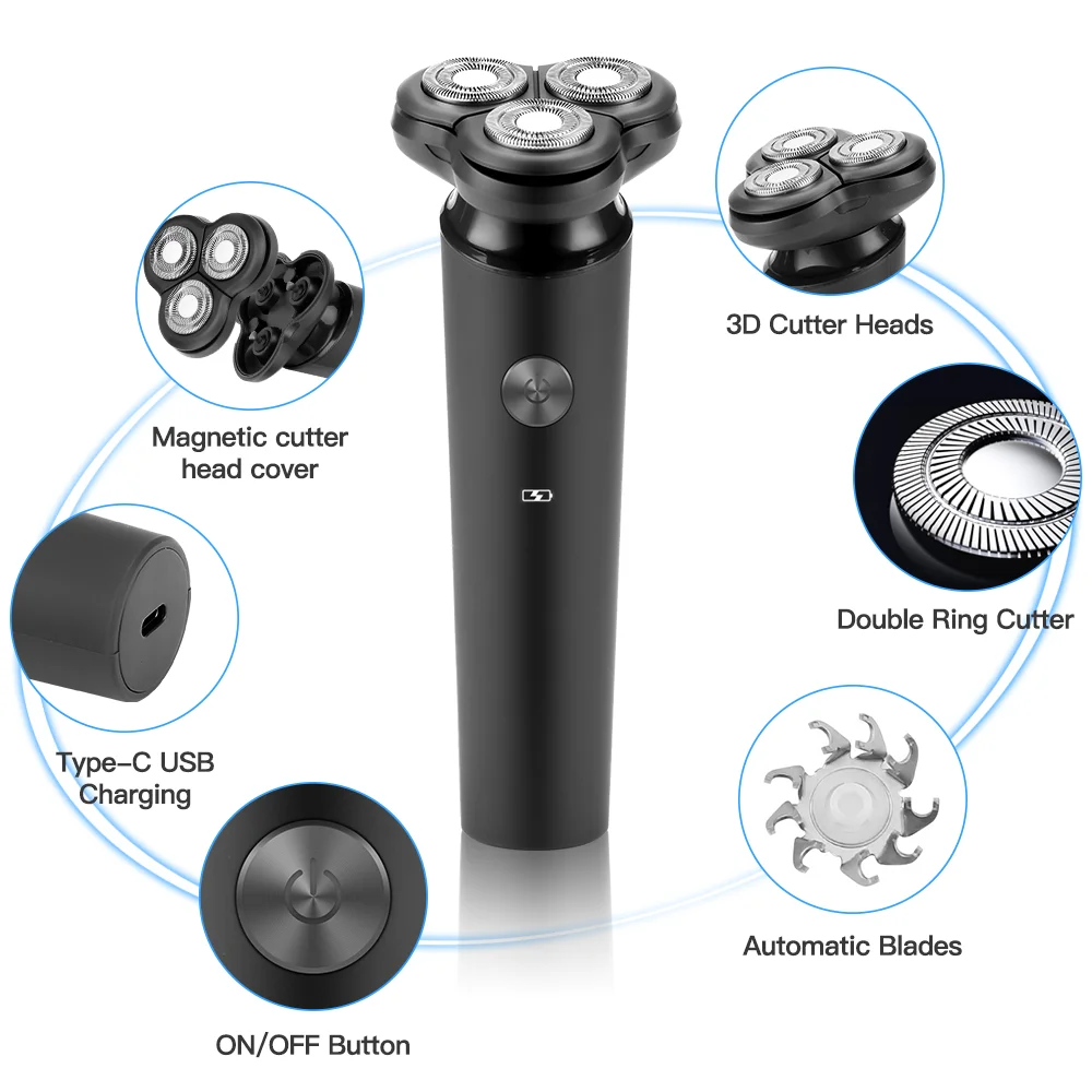 PRITECH Three-Head Floating Knife Head Cordless USB Portable Rechargeable Electric Shaver Men