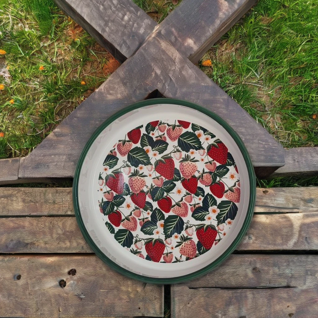 High Quality 25cm round Metal Fruit Tray with Handle Sustainable Enamel Technique Plate Dish for Serving Food for Camping