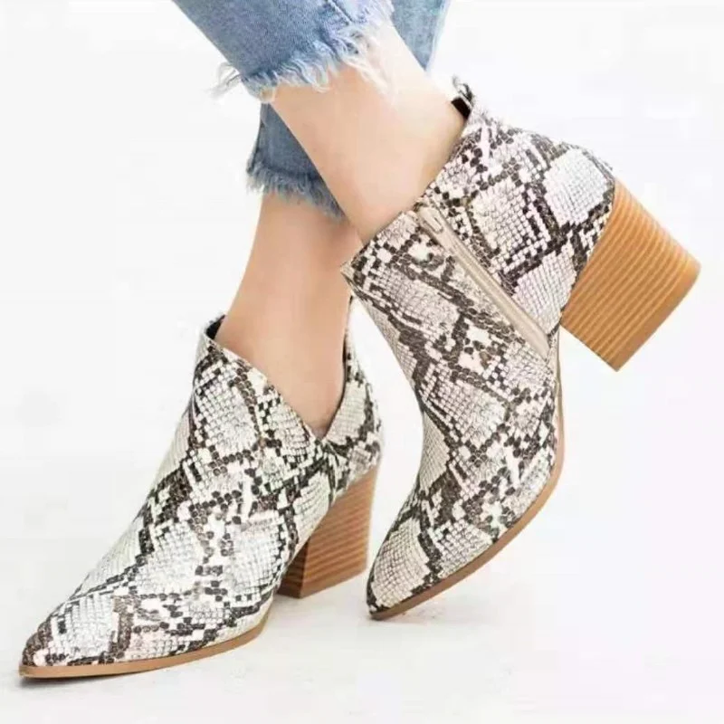 Women New Comfortable Snake Leopard Print Thick Heel Boots Pointed Boots