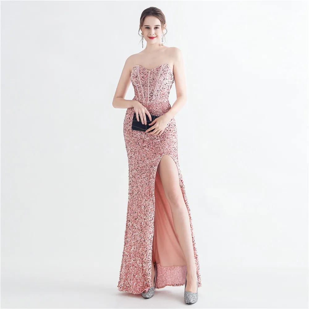 31155# Foreign trade new product magic beads back strapping corsage-style side split plastering Fishbone evening gown