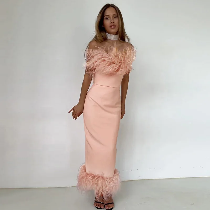 Feather Hair Collar and Hem Sexy Dresses Women Night Bodycon Long Evening Dresses Women Lady Elegant Party Luxurious 2022
