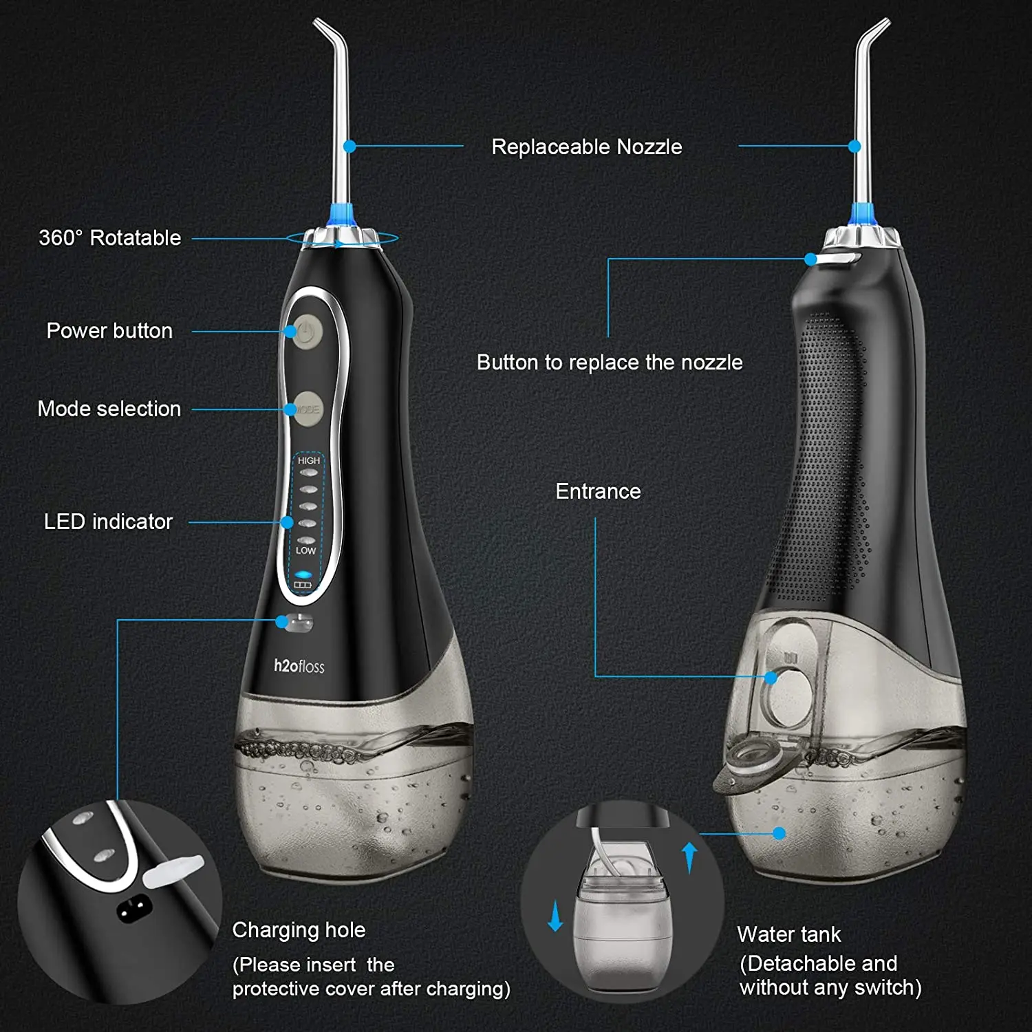 H2ofloss OEM Rechargeable Cordless oral irrigator water dental jet with Detachable Reservoir portable water flosser