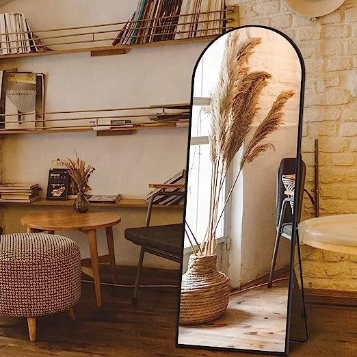 Manufacturer direct large full body dressing mirror wall mounted arched gold black aluminum frame floor mirror with stand