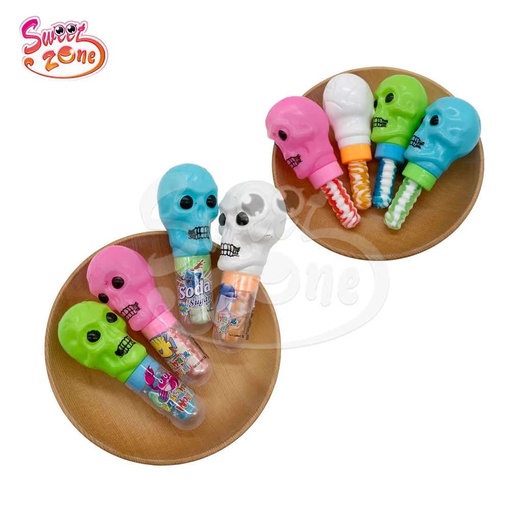 Wholesale oem plastic skull shape nipple hard candy with popping candy