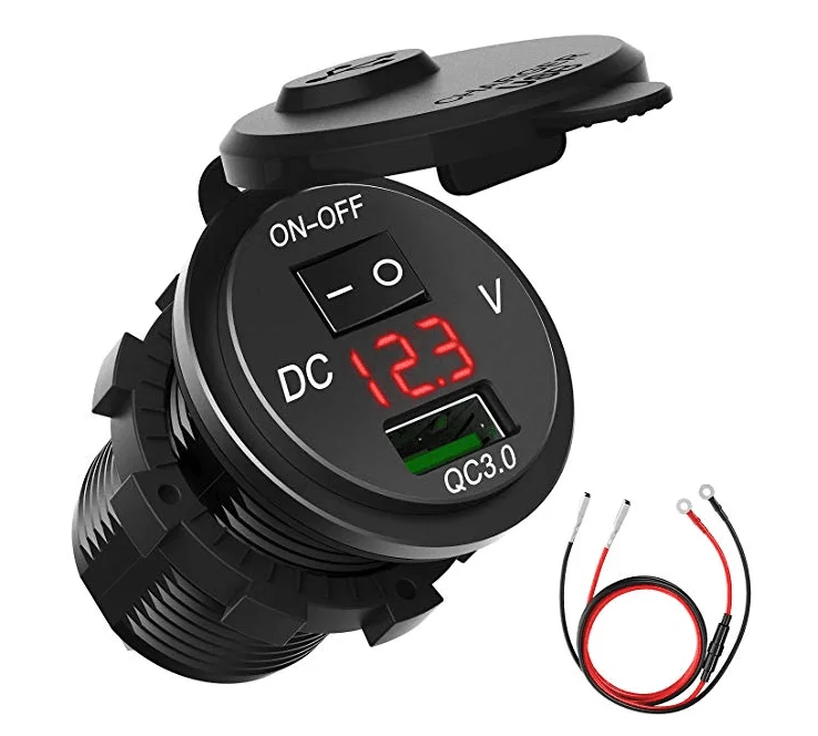 Waterproof QC3.0 Car Charger USB Outlet Socket 12V/24V Blue LED Digital Voltmeter with On/Off Switch for Car Motorcycle Marine