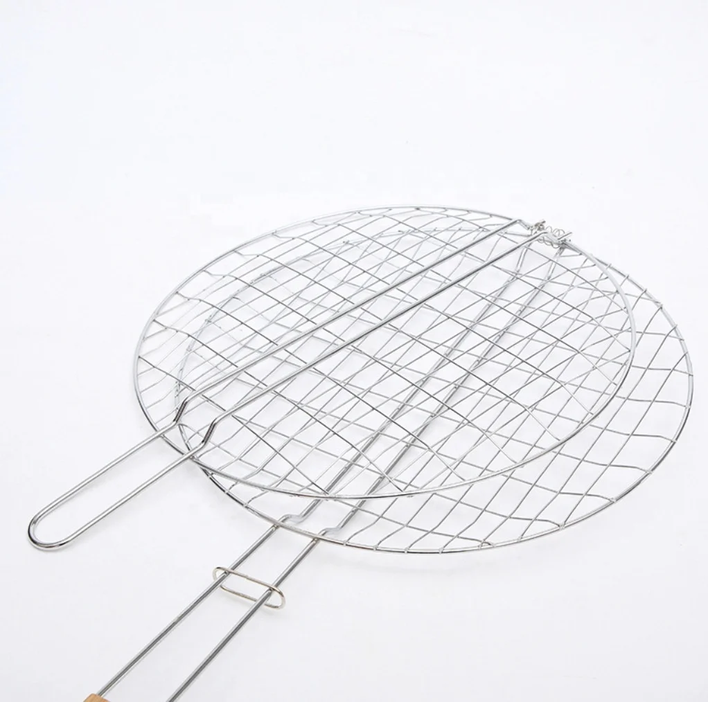 BBQ round wooden handle anti-burning grill net clamp stainless steel barbecue tool