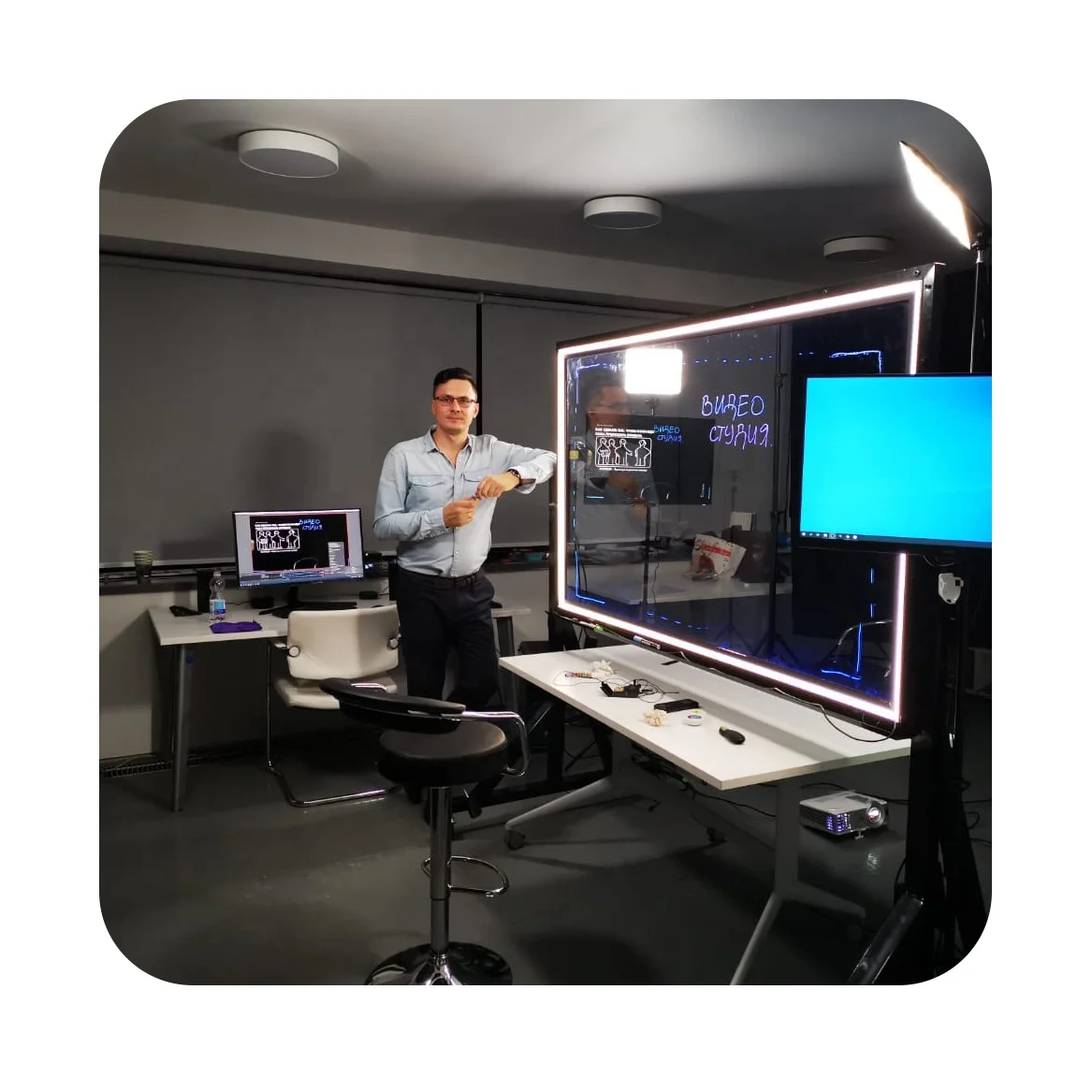 4K Видеостудия с белой доской, полный комплект оборудования (камера/Звук/Мониторы/освещение/фон/телесуфлер), оптовая продажа