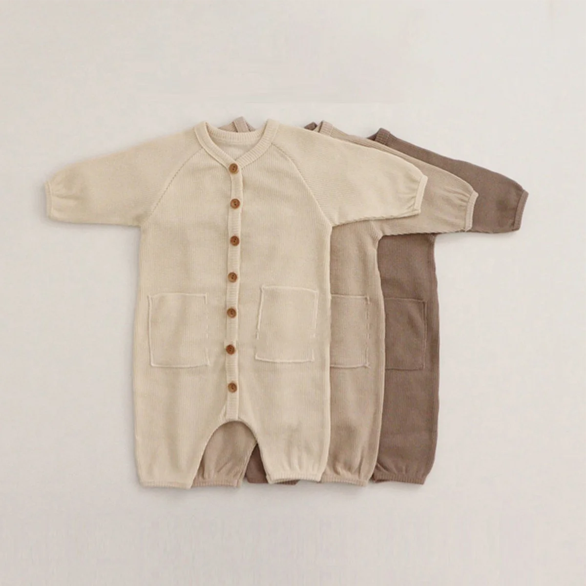 hot sale new born organic Waffle Knotted cotton jumpsuits buttons baby bodysuit oversized kids romper set clothes buckle