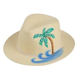Hot Sale In Usa Market Coconut Tree Pattern Panama  New Design Summer Mens Beach Dicer Paper Straw Hat