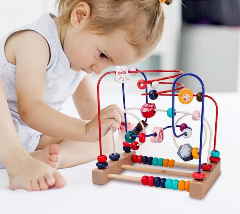 Wooden Baby Beads Maze Toys, Toddlers Roller Coaster Game Cubes, Educational Around Circle Bead Skill Improvement Wood Toy