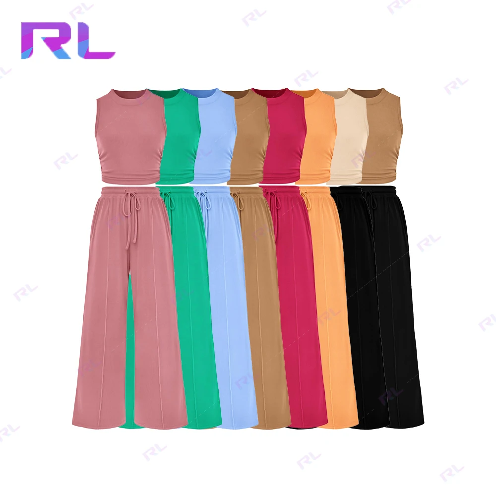 Custom Women Clothing Summer Outfit Casual 2 Piece Suits Knitted Fitting O-Neck Top and Loose Wide Leg Pants Set for Women