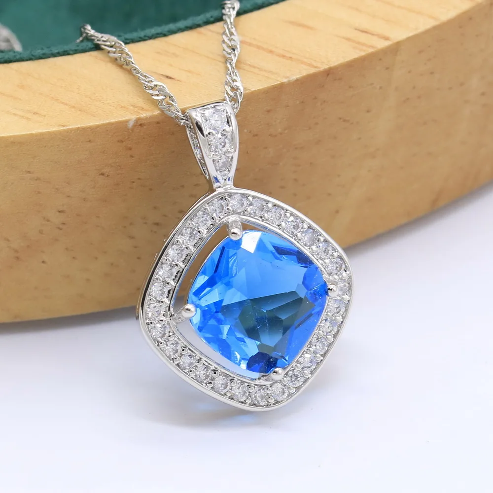 
Square White Gold Plated Pendant Necklace For Women Birthday Christmas Gift Wedding Jewelry Pink Green White Blue Topaz 