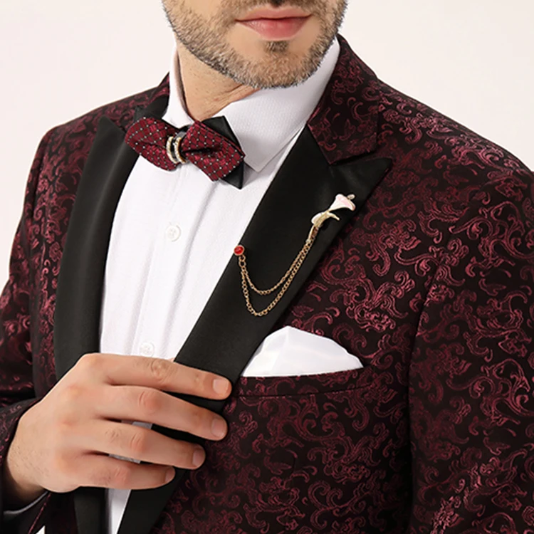 Пиджак мужской с цветочным принтом, модная Банкетная одежда, Узкий блейзер с воротником-шалью, бордовый