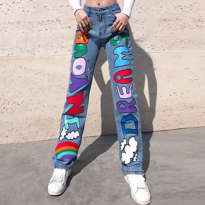 2022 Funky Women Ladies Straight Jeans Colorful Letter Pattern Printed High Waist Korean Style Wild Denim Pants with Pocket