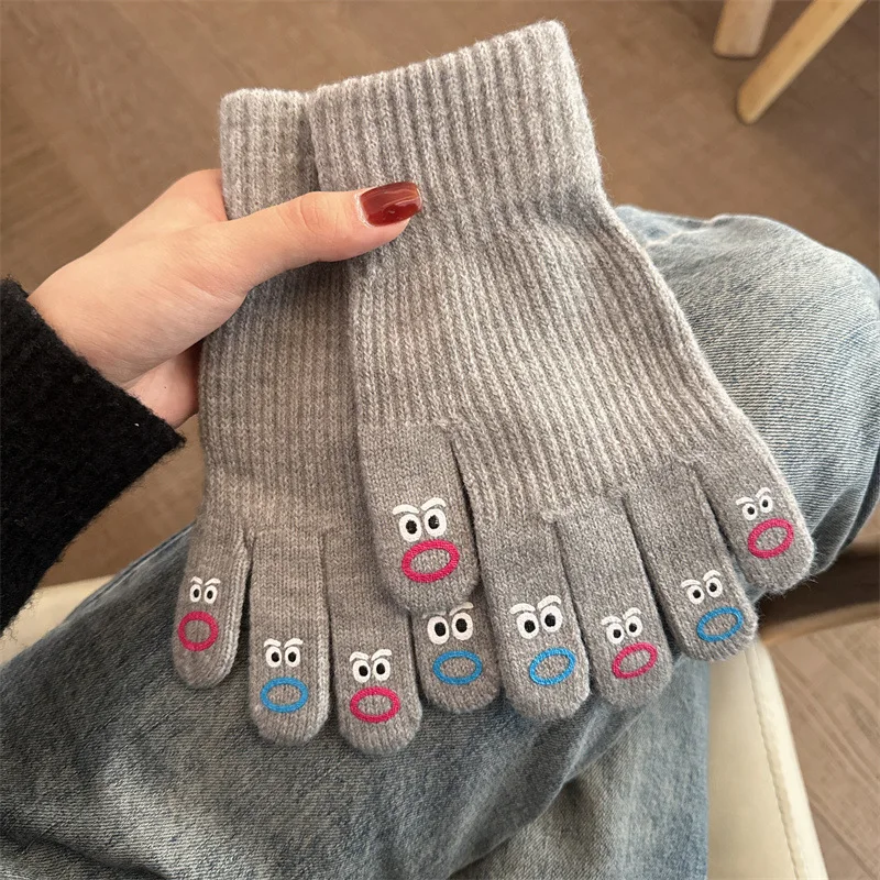 Cute Mouth Monster Wool Knitted Gloves Female Winter Korean Solid Color Touch Screen Warm Anti Cold Split Finger Gloves