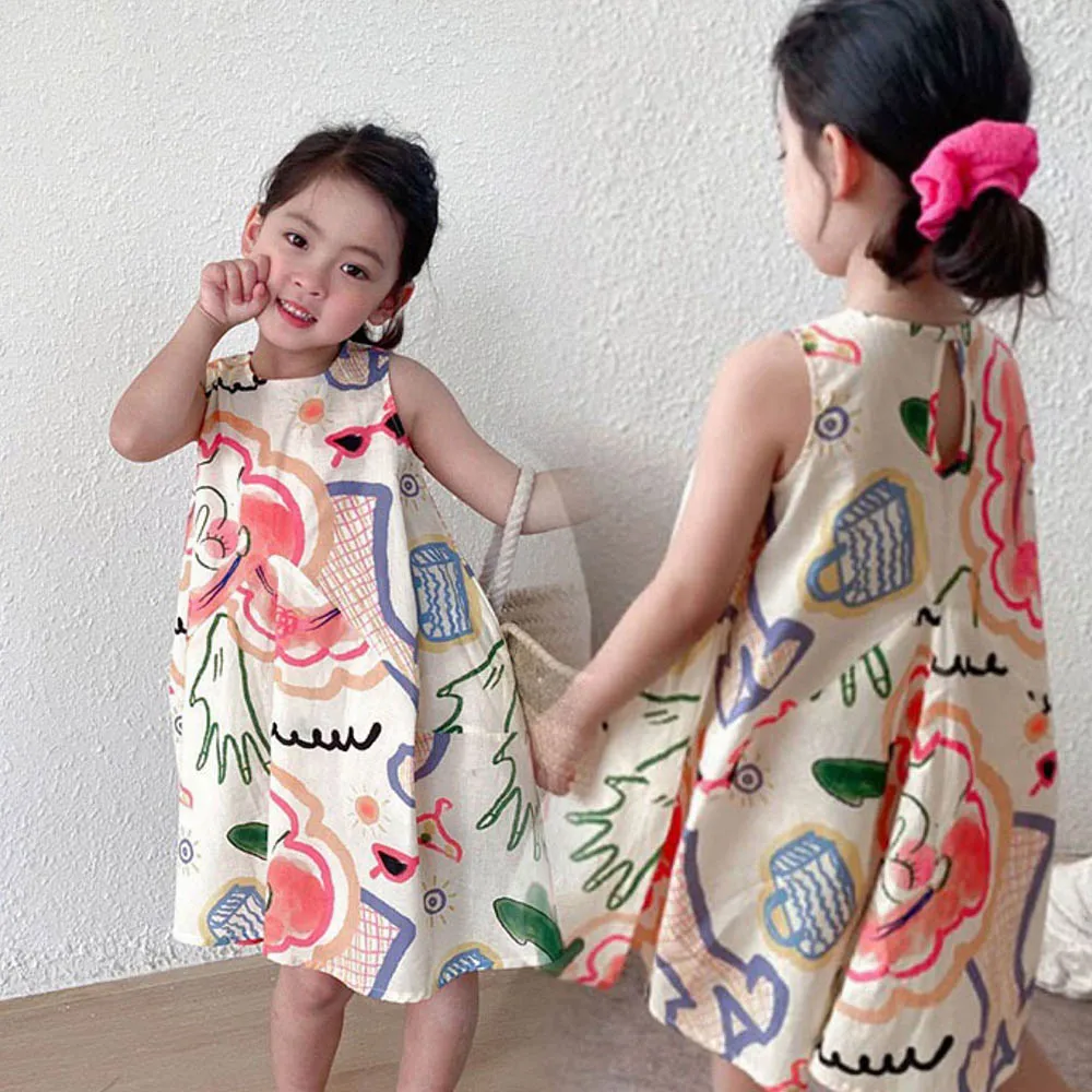 Bear Leader 2022 New Floral Summer Baby Girl Dresses Korean Sleeveless Cotton Infant Princess Dress Graffiti Sundress