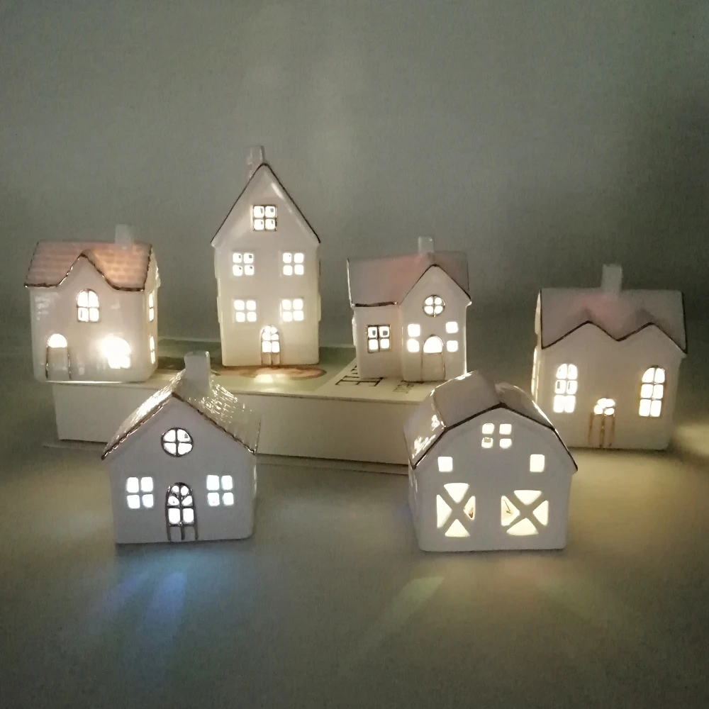 Wholesale Porcelain Lighted Customized House Tealight Holder White Ceramic Christmas Village Houses