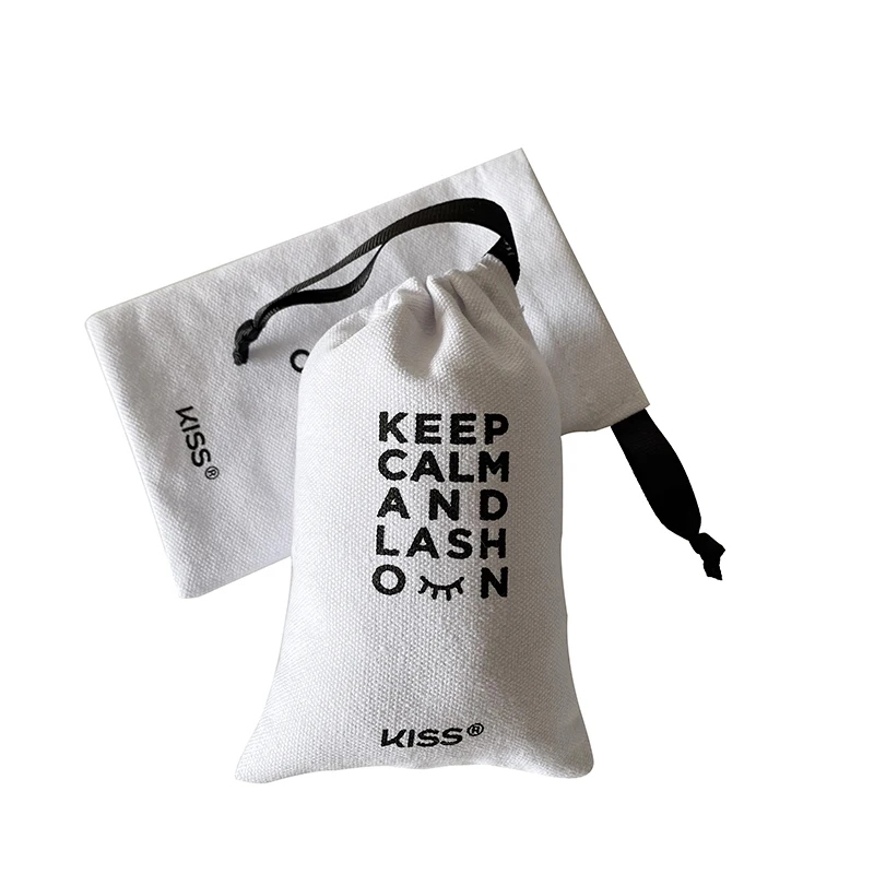Custom Logo High Quality 9X14CM White 10OZ Cotton Eyelashes Bags With Ribbon drawstring