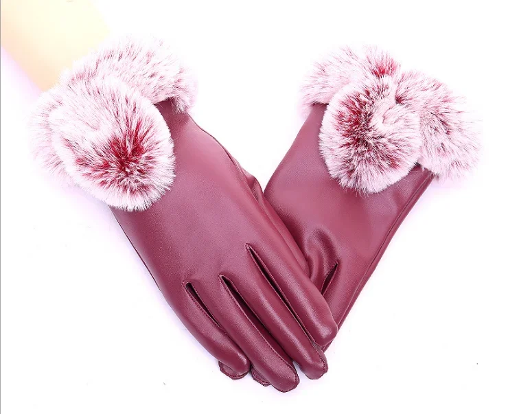 Fashion women warm thick winter gloves leather elegant girls free size with faux rabbit fur female gloves