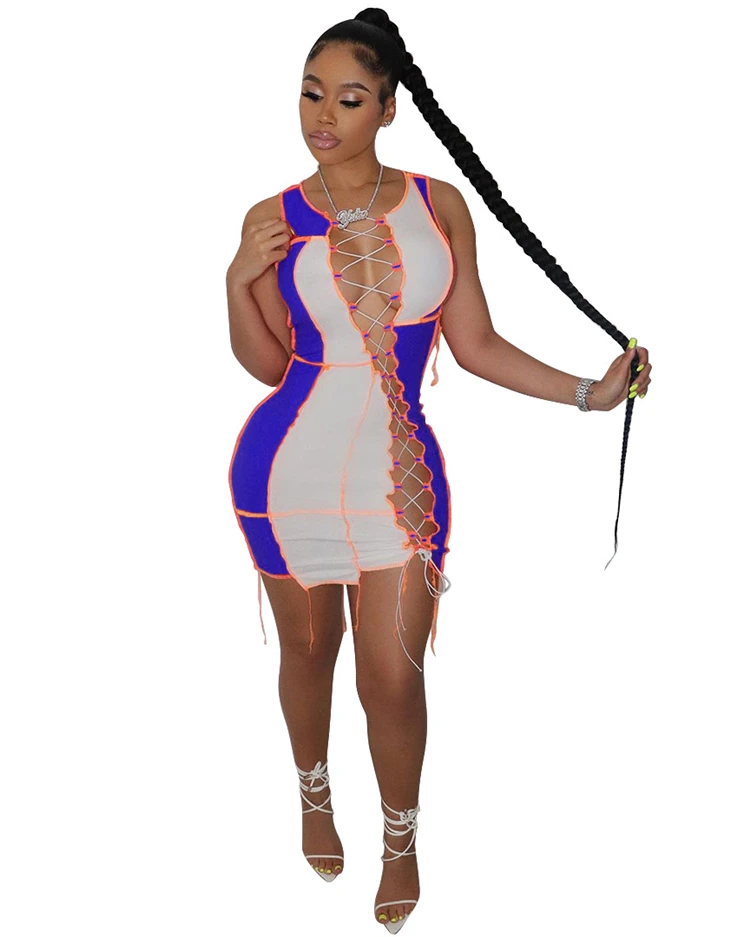 DUODUOCOLOR Summer 2021 bodycon dresses clashing color splicing sexy club wear hollow out bandage dress D97227