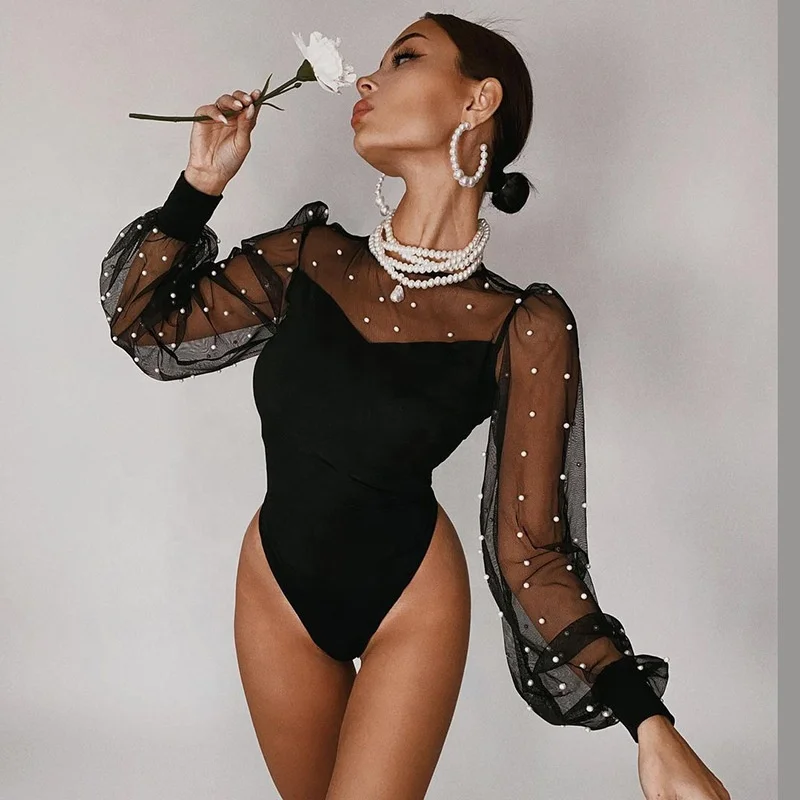 Ladies sexy black see-through mesh long sleeve patchwork elegant pearl bodysuit