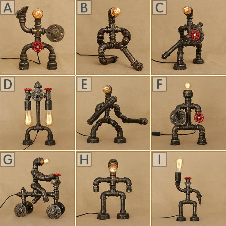 Industrial Retro Metal Spraying Pipe Fittings Toy Lamp Robots For Living Room Decoration