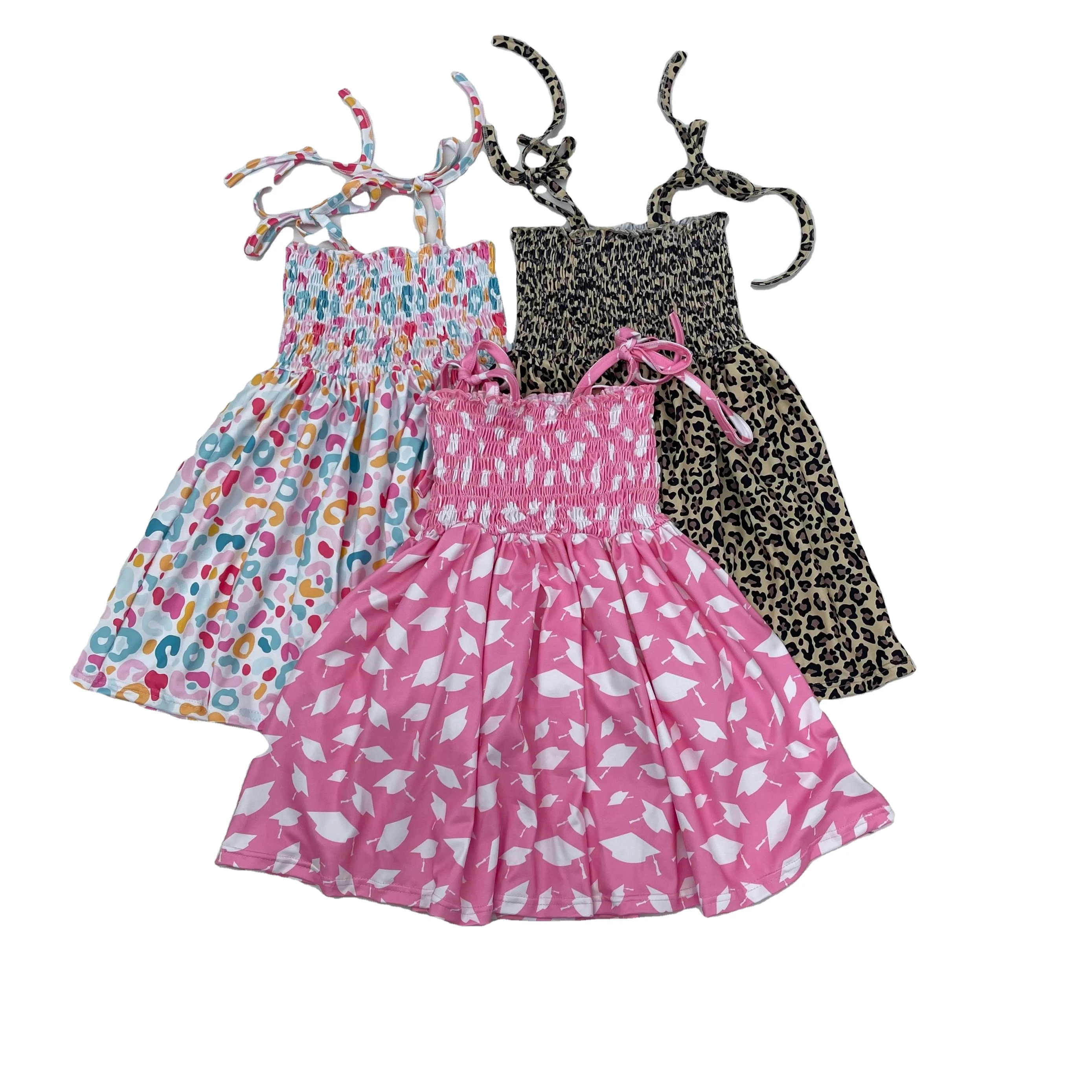 Qingli Custom Children Girl smocked Dress Girls Tie Shoulder Back to School Summer Dresses For Kids