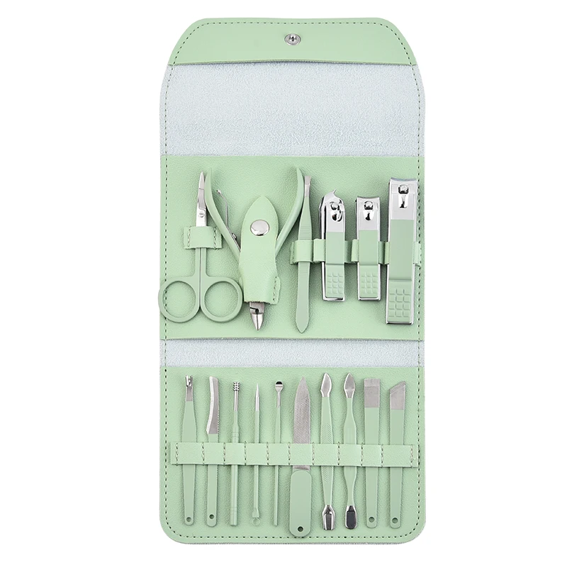 Wholesale Stainless Steel Green Manicure Set 16Pcs Pedicure Manicure Set Nail Care Tool With Pu Bag