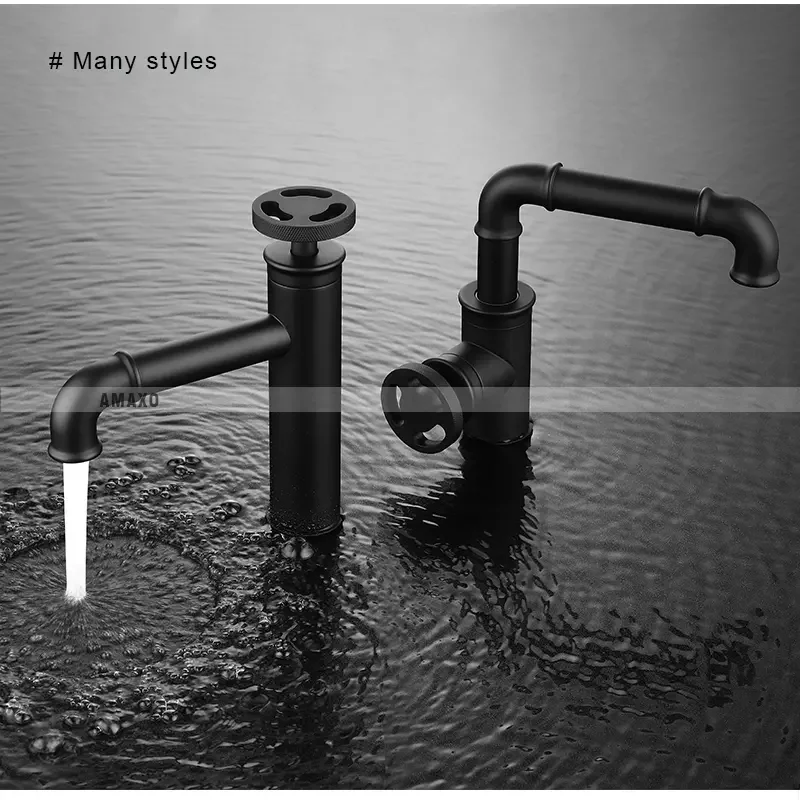 Industrial Bathroom Taps Hand Wheel Switch Mixer Tap Matte Black Basin Faucets Suitable For Themed Restaurant