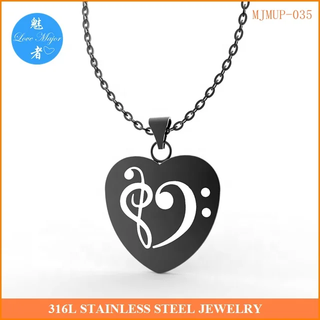 Black Plated Fashion Love Music Heart Note Design Stainless Steel Jewelry Pendant Necklace