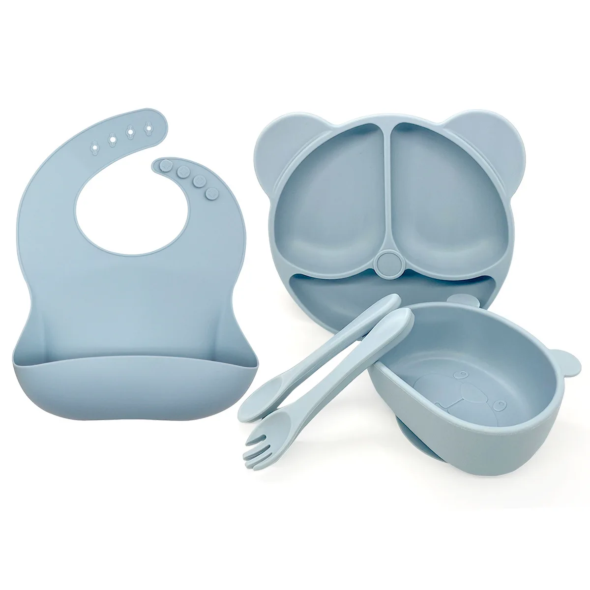 Hot baby silicone feeding tableware silicone tray with lid suction cup bib spoon fork