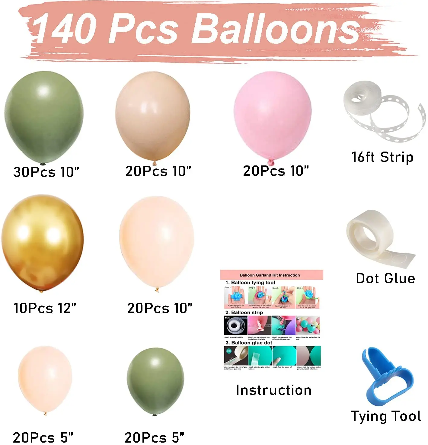 140Pcs Sage Green Peach Blush Pink Balloon Garland Arch Kit balloon arch