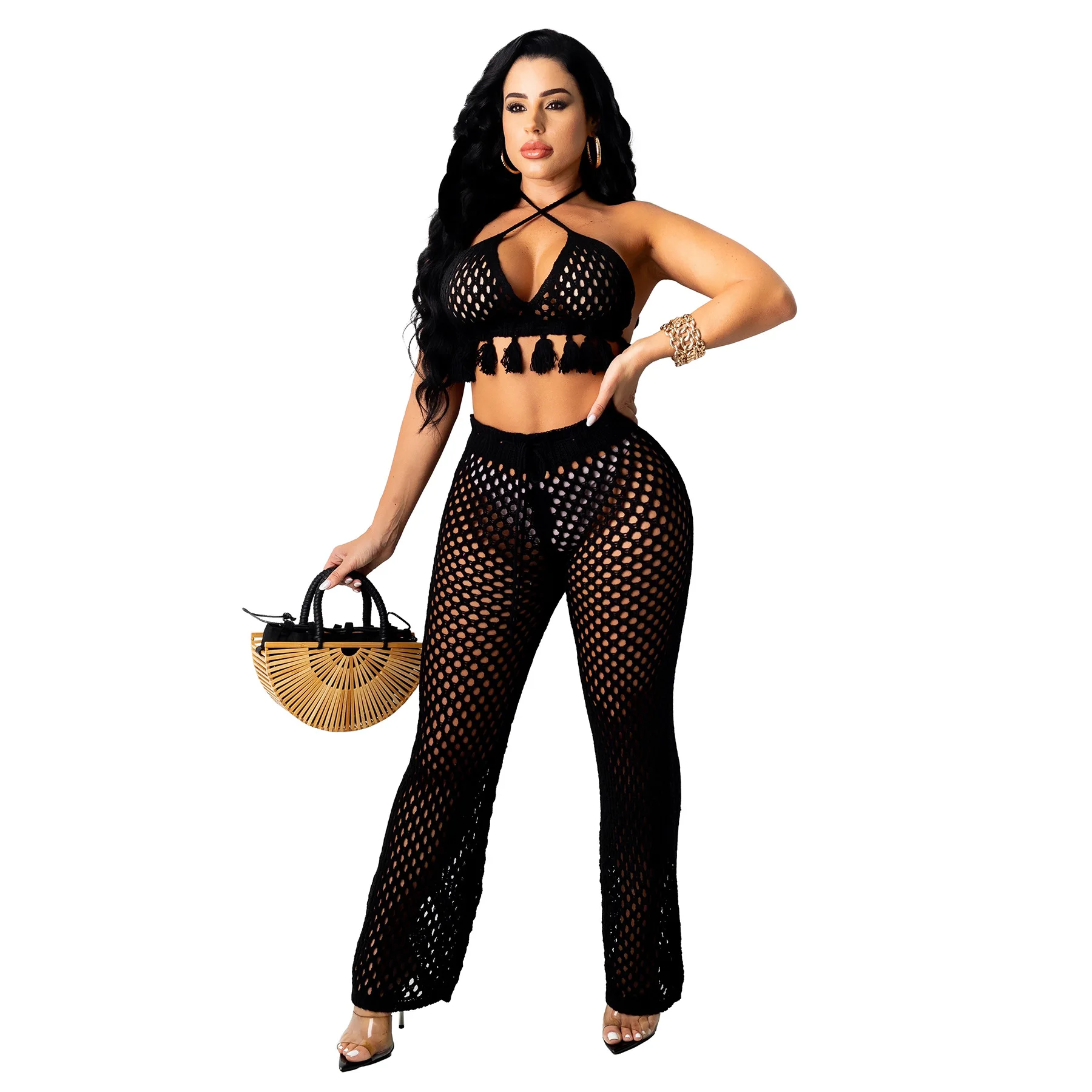 2022 Summer Women Clothing Two Piece Pant Set Crochet coverup Tracksuit Crop Top Bra Sexy Beach Wear 2 Piece Short Sets