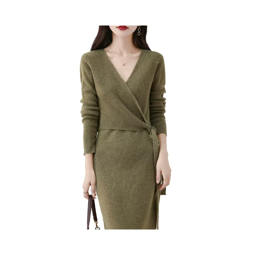 2025 Autumn/Winter Pure Australian Wool Long V-neck Dress for Women  Knitted Inner Waist Strap up Woolen Dress