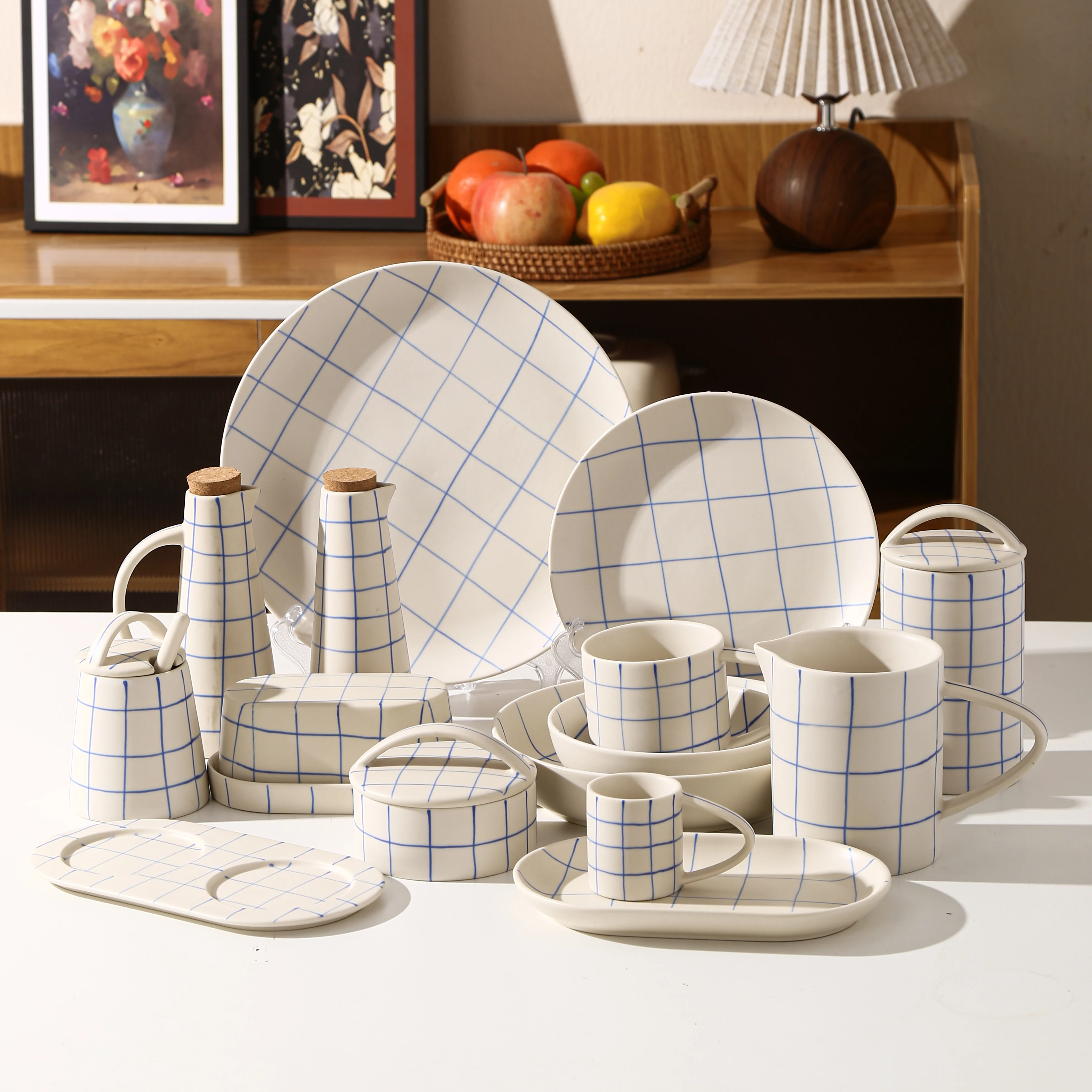 Personalized hand painted geometric pattern stoneware tableware modern nordic rustic crockery plates set dinnerware
