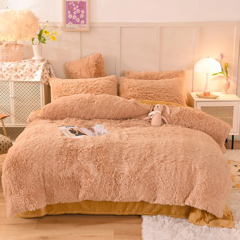 Rainbow Color Bed Sets Fluffy Plush Soft Luxury Bedding Sheet Bed 4 Pieces Warm Sheet Set for Kids Girl Bed Cover