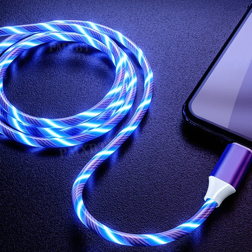 Бесплатный образец микро-USB или Type C светодиодный светящийся потоковый зарядный USB-кабель для мобильного