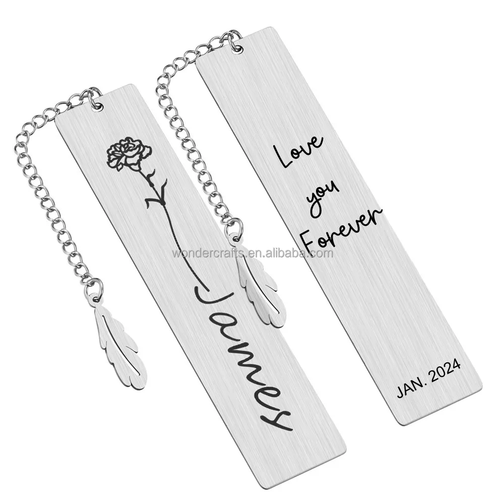 Custom Personalized Name Birthday Gift Flower Design Bookmark Never Fade Stainless Steel Plate Metal Bookmark with Feather Charm