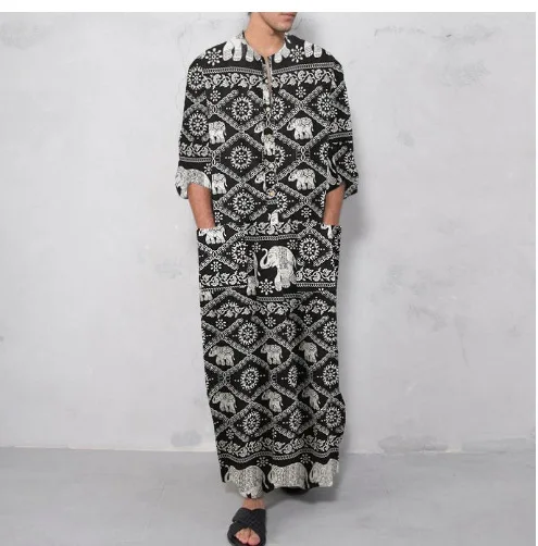 Hot Selling Cotton Khamis Arab Islamic Clothing Daffah Robe Stripe Thobe Men Muslim Abaya Moroccan Thobe With Pocket