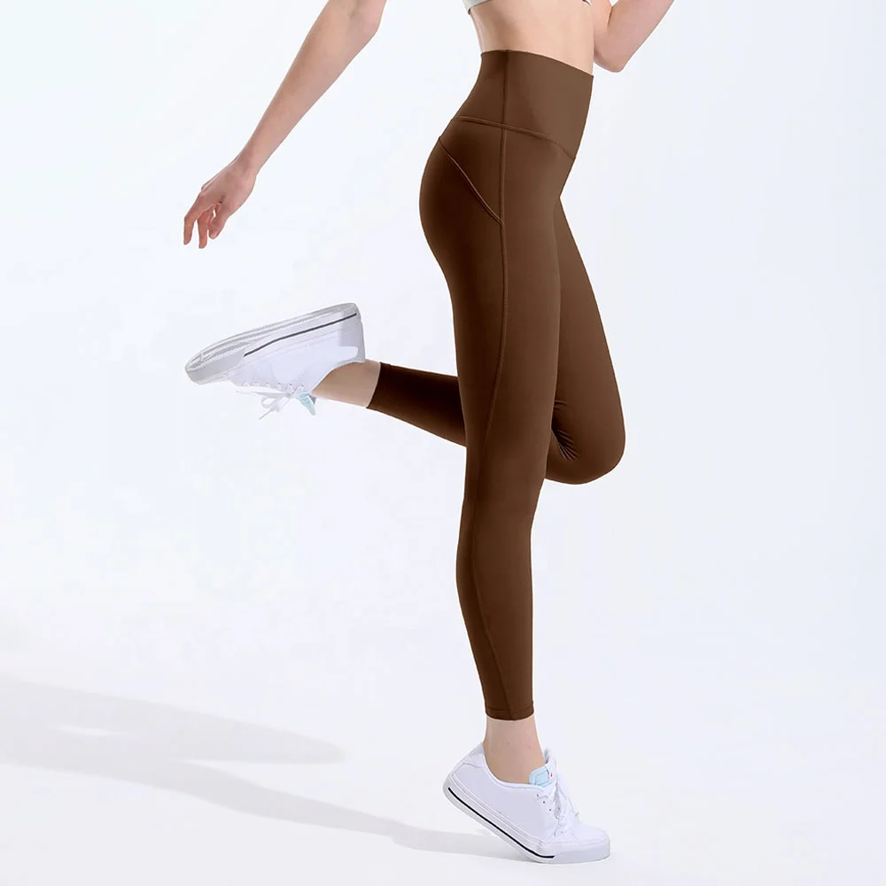 2024 Customized Student High Waisted Athletic Gym Dance Training Brown Yoga Pants Leggings With Side Pockets Trouser for Girls
