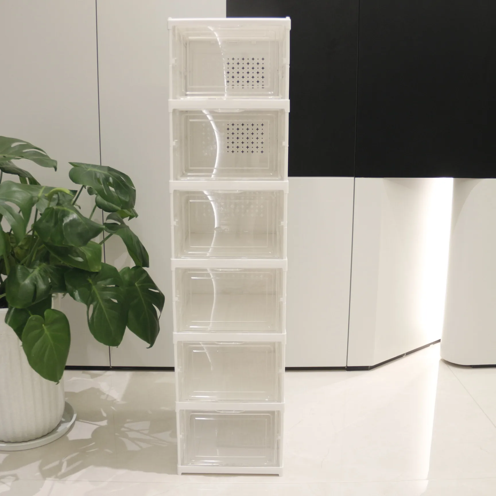 Shoe Organizer Storage Boxes, Portable Stackable Folding Shoe Rack for Closet with Magnetic Clear Door