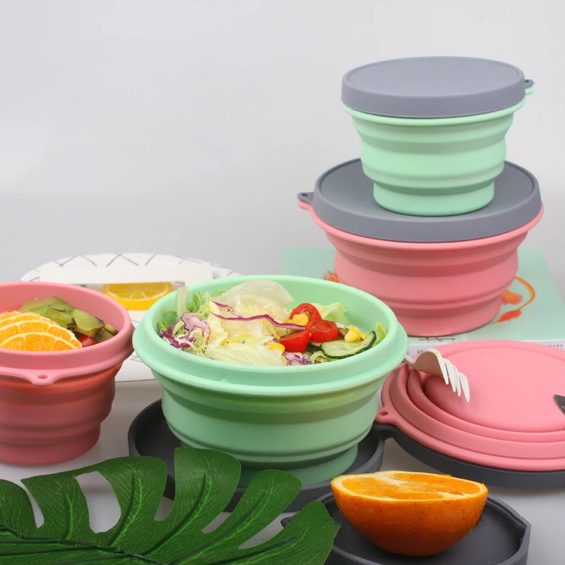 INS Amazon Hot Customized Logo Food Grade Outdoor Travel Foldable Food Bowl with Lid
