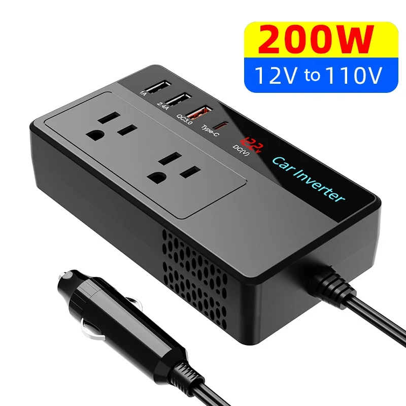 200W PD 30W USB-C QC 3.0 Digital Display Inverter DC 12V AC 110V Car Power Inverter  Single 60Hz USA Jack