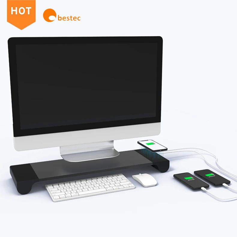 Monitor Stand Riser with Wireless Charger and USB Hub Support Data Transfer and Extra Storage Steel Desk Organizer for Laptop