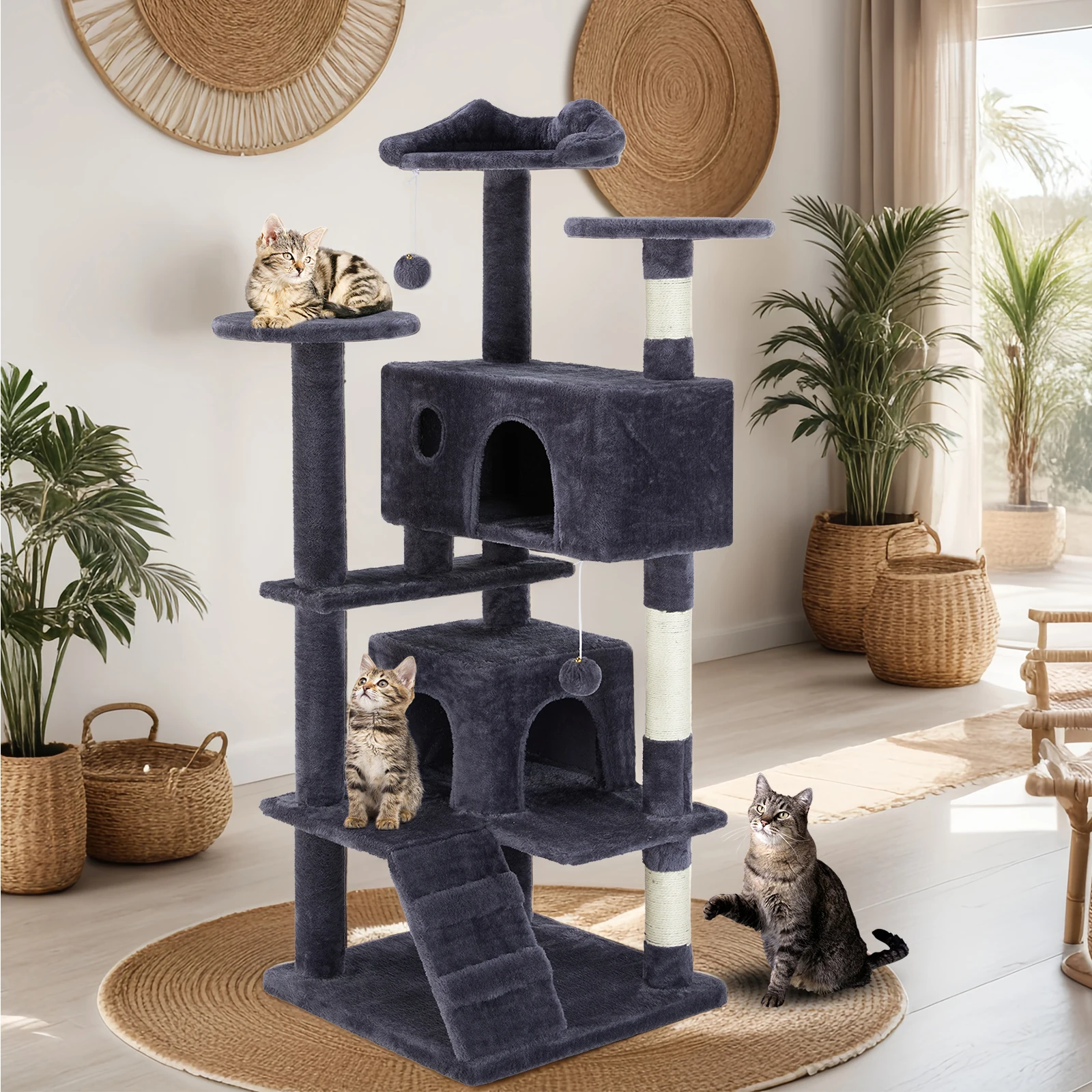 Indoor Cats Tall Multi-Level Tower 54 inches Pet Play House with Large Condo  Climbing Ladder Dangling Toy for Dog pet cages