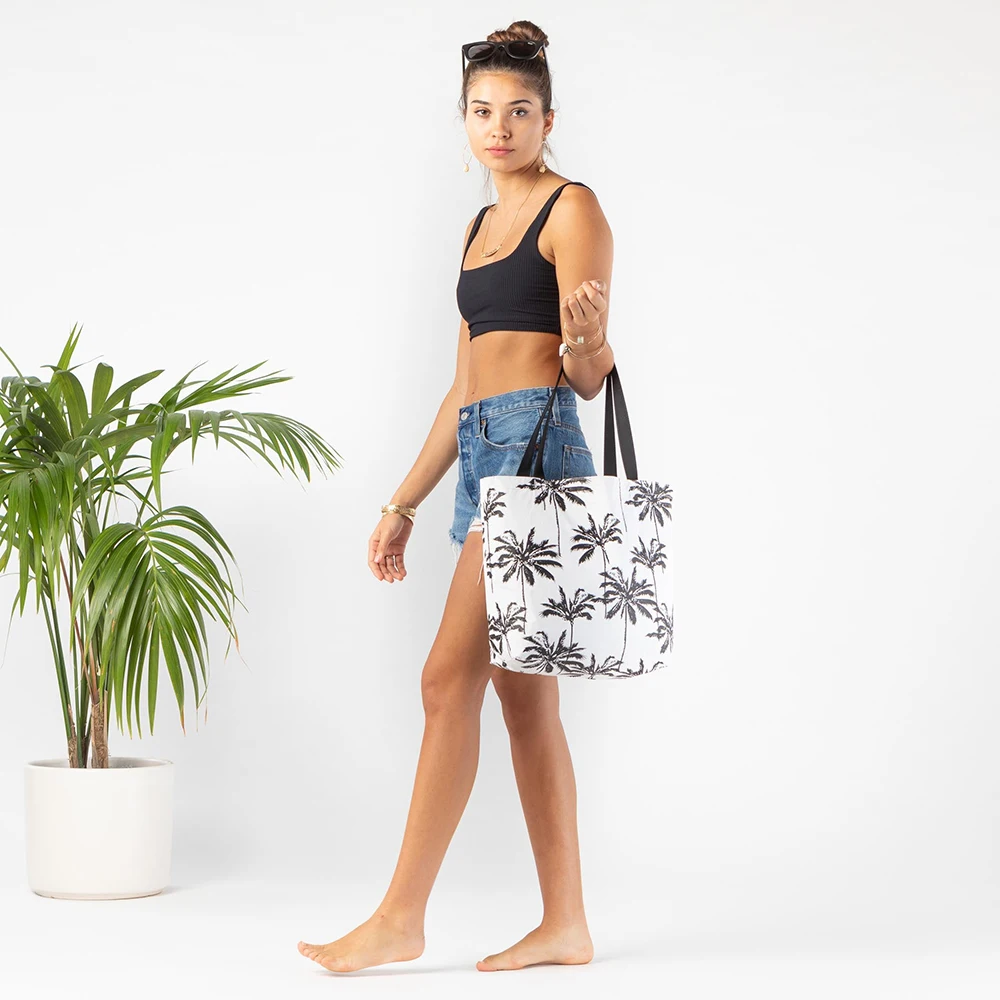 Custom coconut tree black printing large Reversible tote tyvek shopper beach tote, OEM ODM tyvek bag waterproof