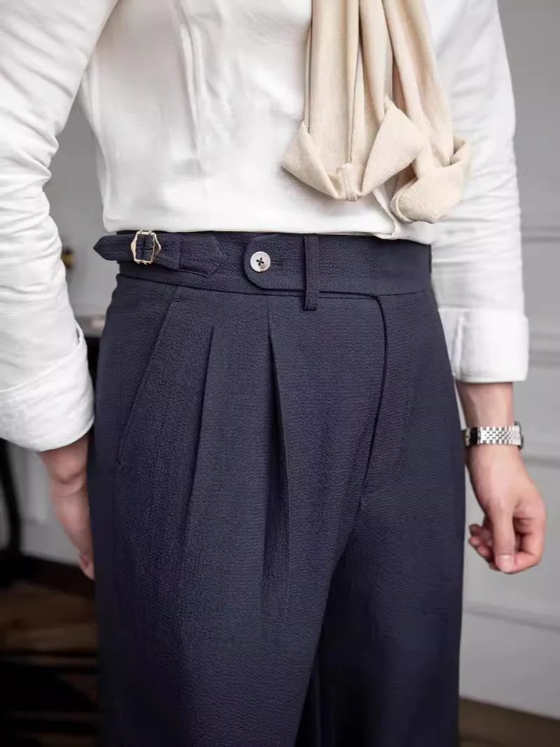 MCP053 Italian Style Mens Naples Trousers High Waist Side Buckle Pant Fitness Double Pleated Mens Business formal Pants