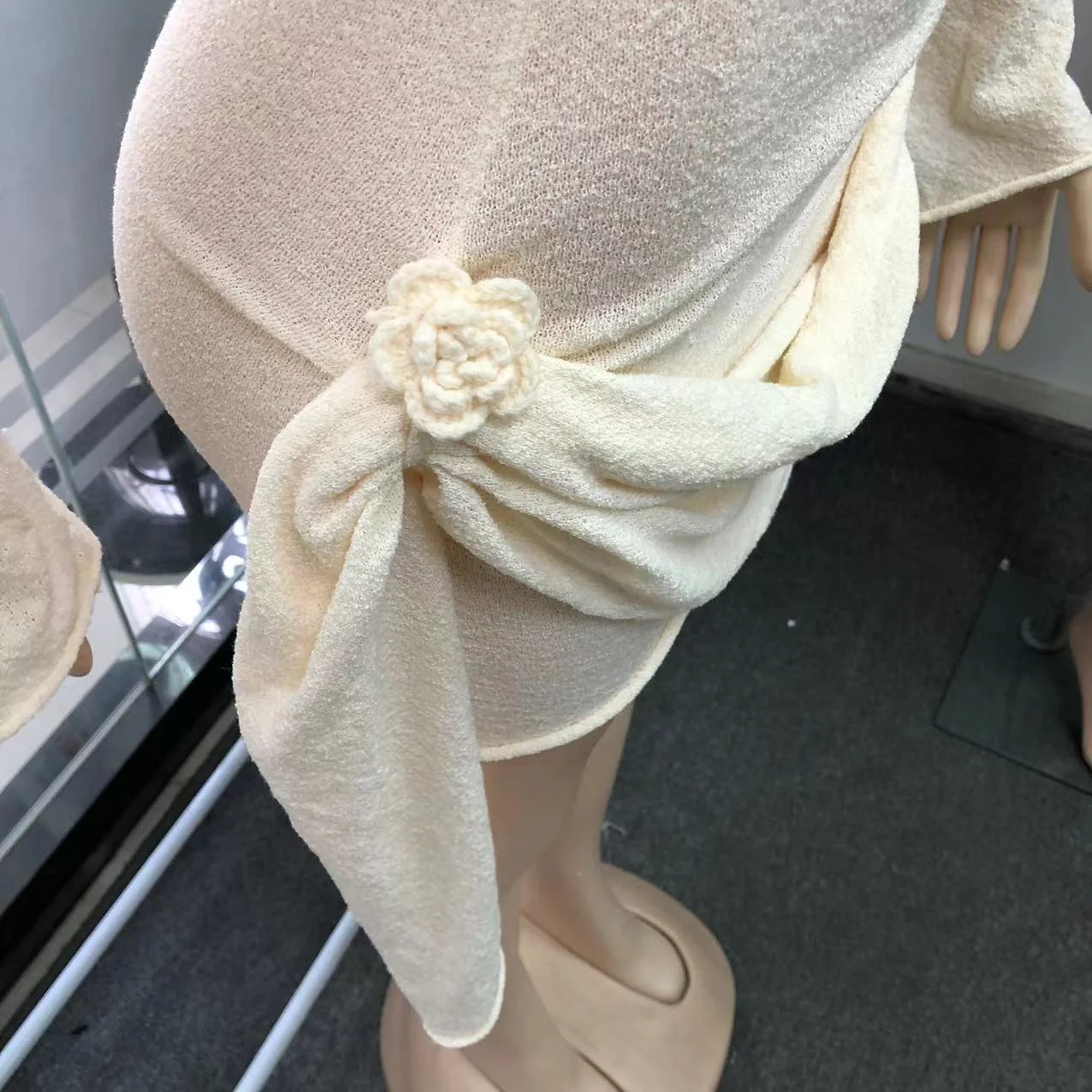 STOCK 3Colors High Neck Knitted Women Dress Bodycon Long Sleeve 3D Flower Dress Open Back Party Dress