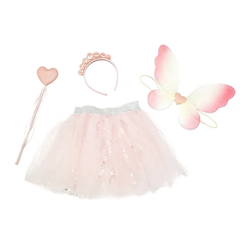 Fluffy tulle skirt Short Princess skirt + Butterfly fairy wings set+Beautiful headgear tutu performance costume set for girls
